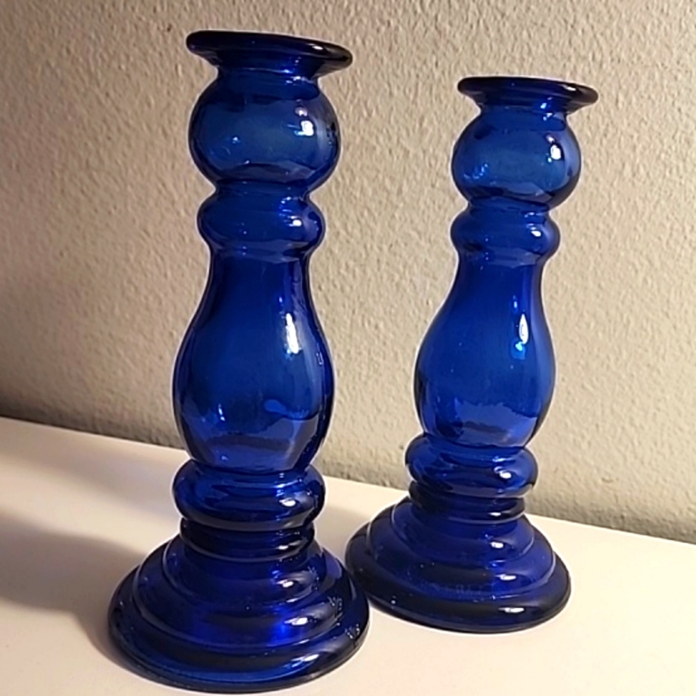 Set of 2 Vintage Cobalt Blue Glass Candlesticks Taper Candle Holders.